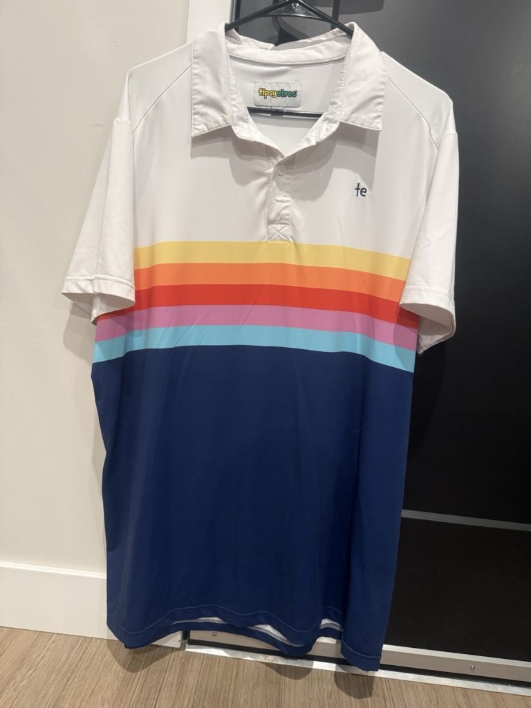 Tipsy Elves Men’s XL Polo Shirt Retro Stripe Golf Shirt White Blue Rainbow