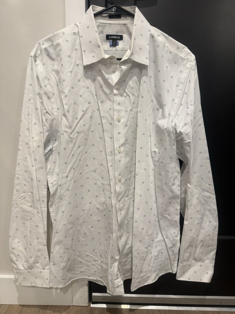 Express Men’s XL Slim Fit White Dress Shirt Small Blue Print Long Sleeve