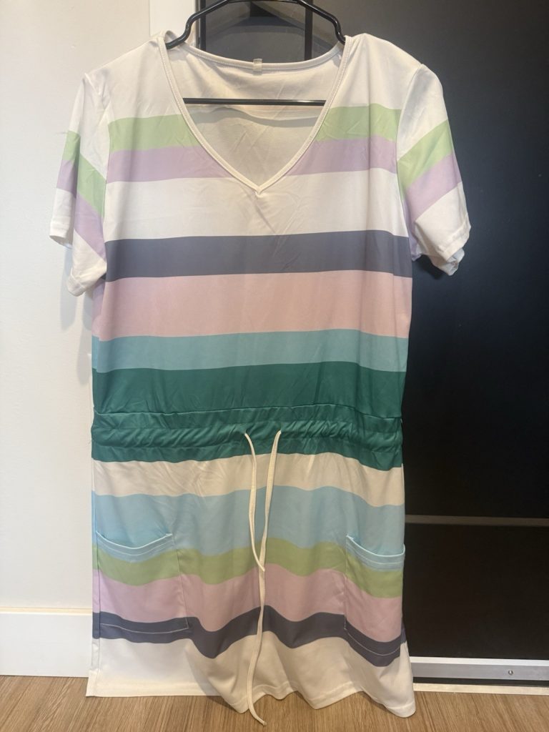 Women’s Large Multicolor Striped Drawstring Waist Pocket T-Shirt Dress Casual