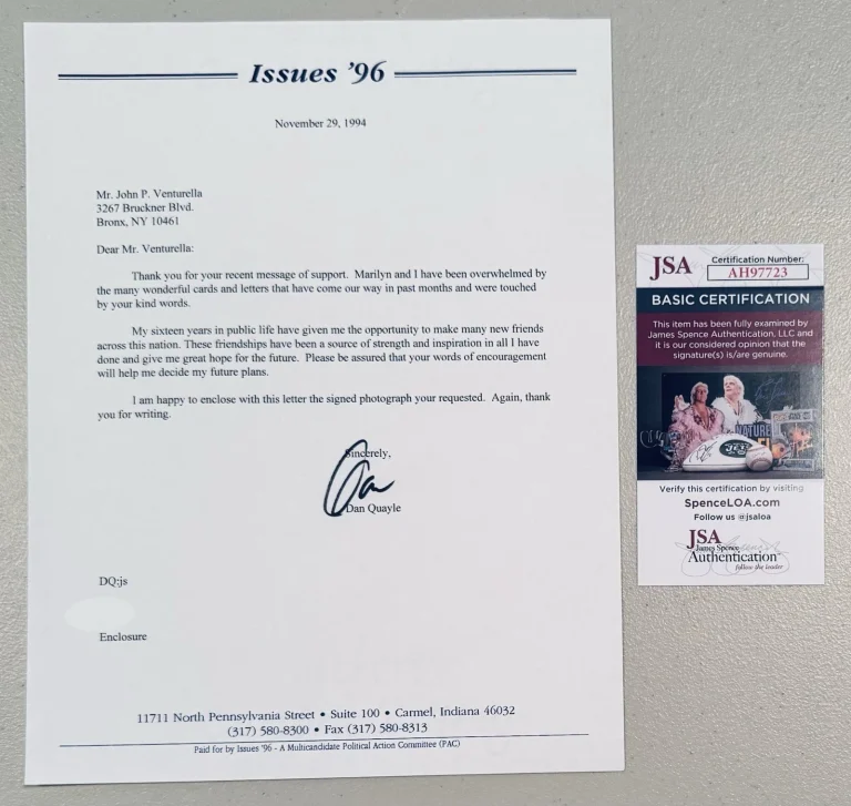 Dan Quayle Autographed 8.5 x 11 Typed Letter Signed JSA Cert Vice President TLS