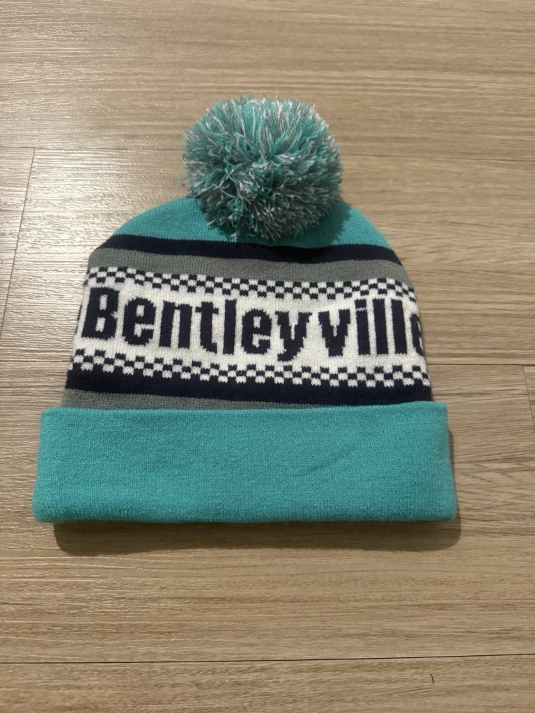 Bentleyville Teal Navy Pom Beanie – Tour of Lights Winter Knit Hat