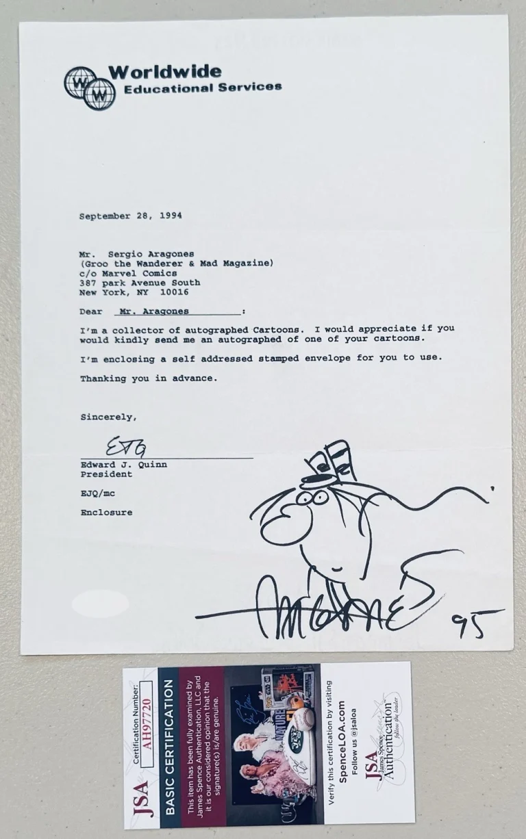 Sergio Aragones Signed Autographed 8.5 x 11 Letter w Sketch JSA Cartoonist Mad