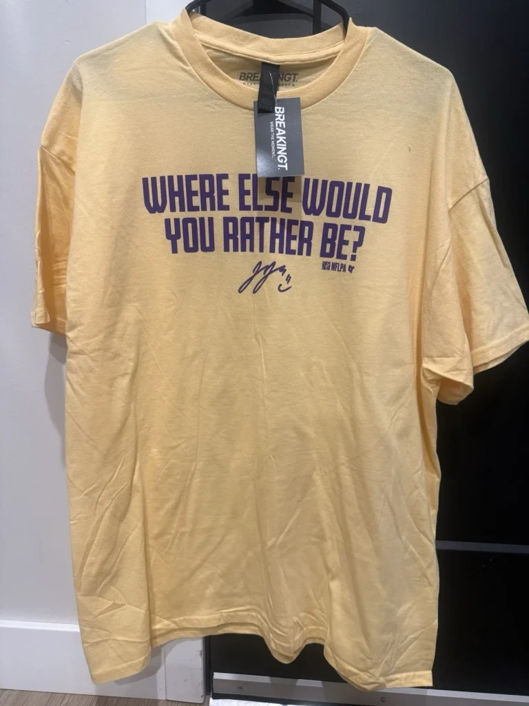 BreakingT J.J. McCarthy Vikings Tee XL Yellow “Where Else” NFLPA NWT