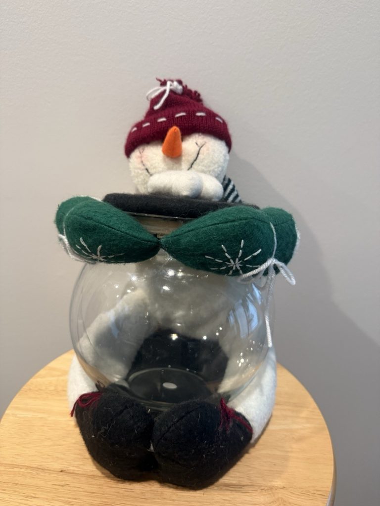 Plush Snowman Candy Jar Holder Christmas Decor Stuffed Snowman with Glass Jar