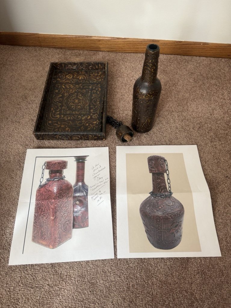 Vintage Embossed Leather Covered Bottle w/ Stopper Chain & Tray Decor