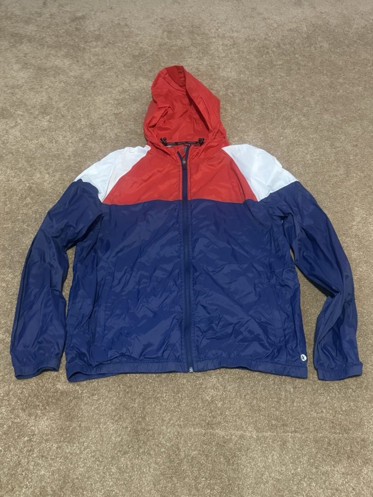 Xersion Windbreaker Jacket Mens Large Red Blue White Hooded Full Zip Nylon
