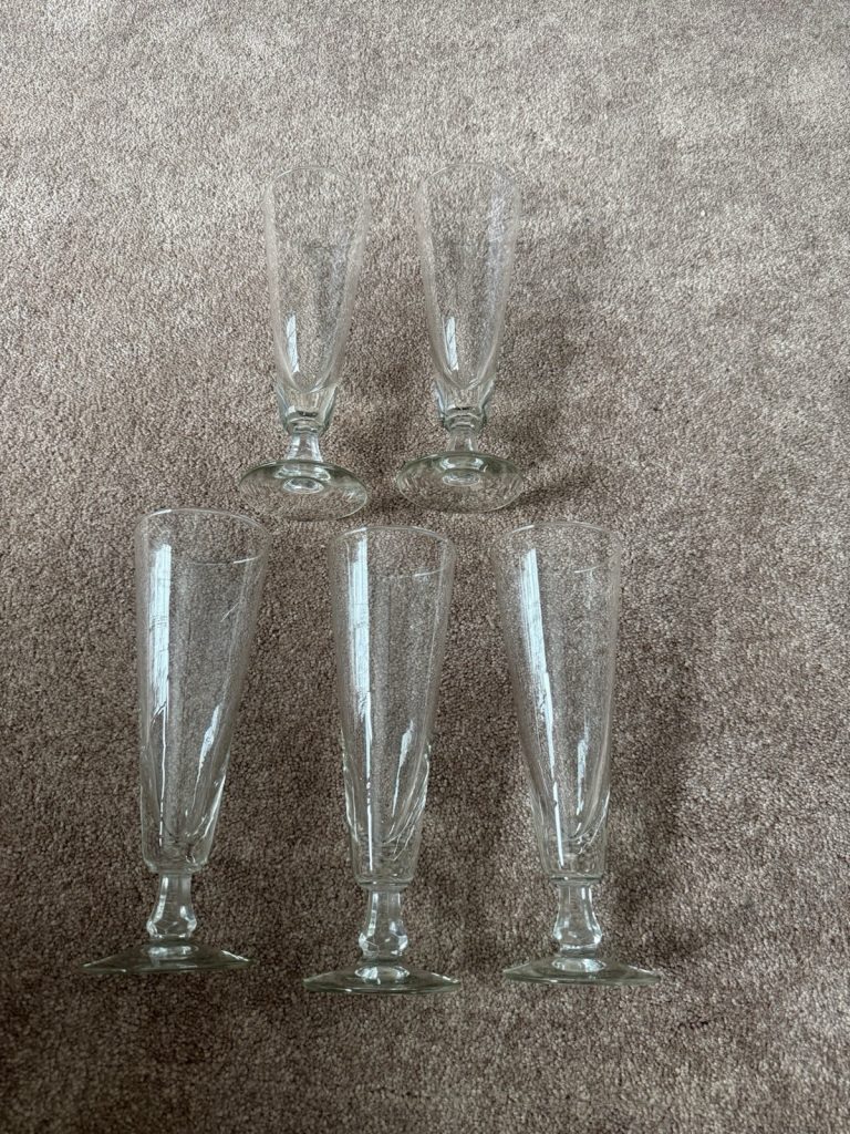 Set of 5 Vintage Champagne Flutes Clear Glass Twisted Stem Etched Base