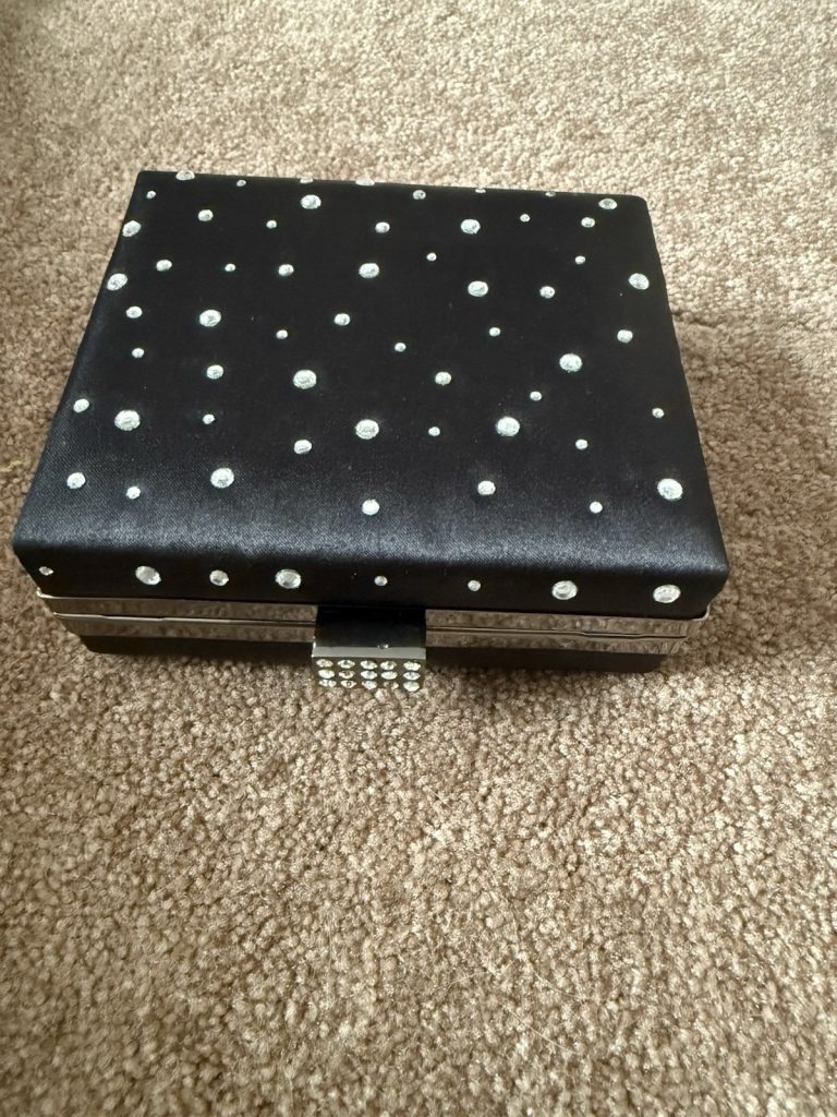 Black Satin Evening Clutch Rhinestone Studded Box Purse w Chain Strap