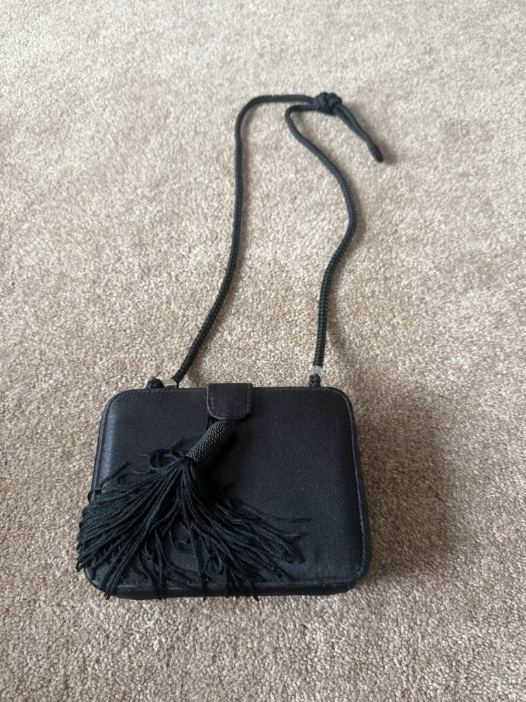 Jessica McClintock Black Satin Tassel Front Mini Crossbody Evening Purse