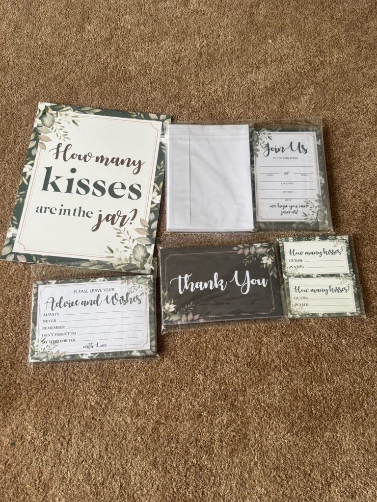 Wedding Stationery Sign & Card Set Green Floral Theme “How Many Kisses”