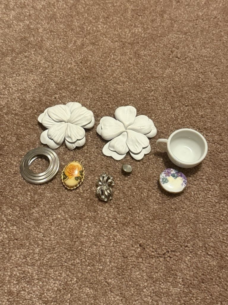 Vintage Jewelry & Miniature Lot Floral Brooches Porcelain Cup Ring Misc