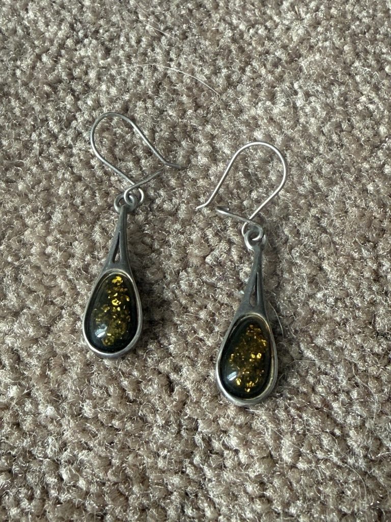 Sterling Silver 925 Green Amber Dangle Earrings Teardrop Artisan Vintage