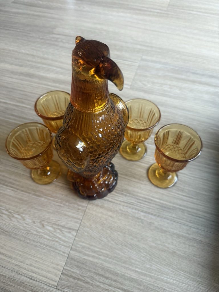 Vintage Amber Glass Eagle Decanter with 4 Goblets Mid Century Barware Set
