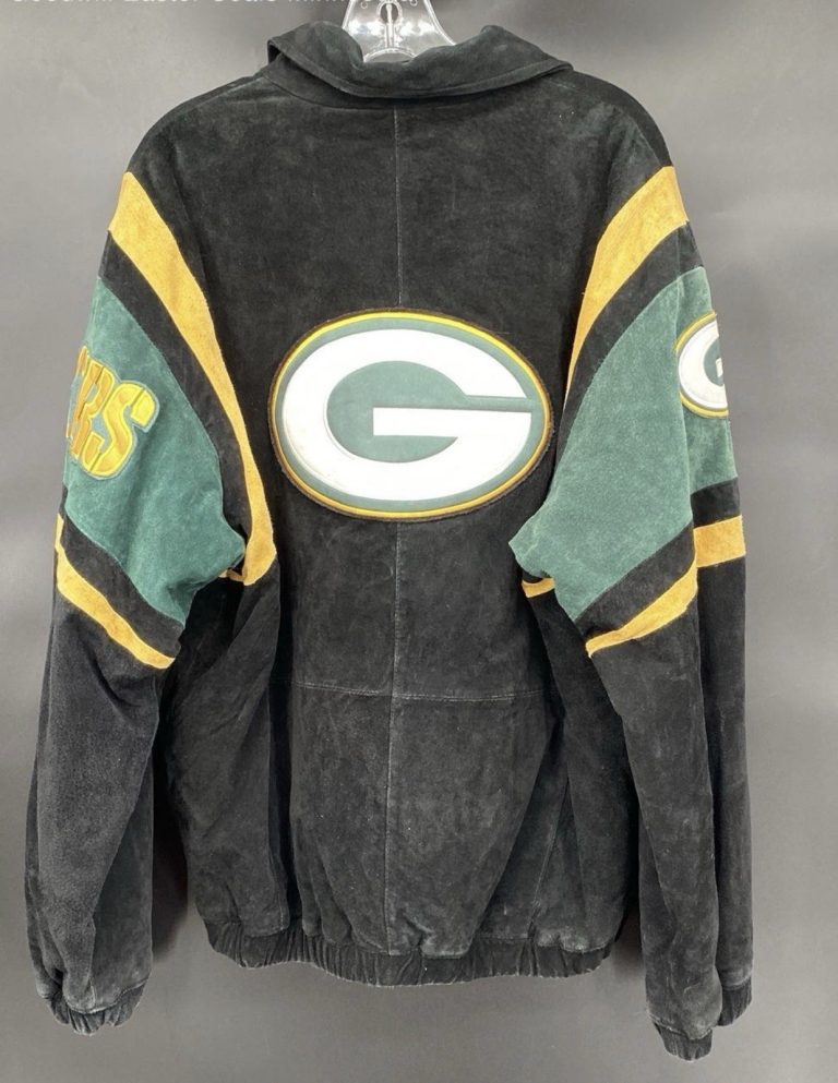 NFL Green Bay Packers Leather Jacket Mens Medium Black Full Zip Suede Look