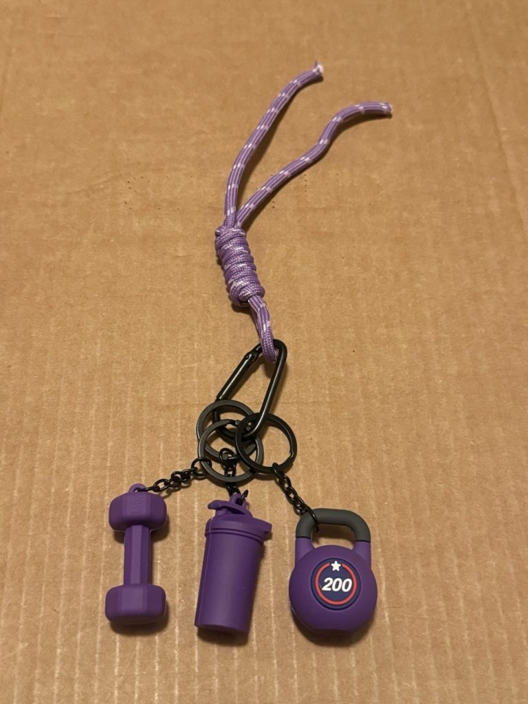 Purple Fitness Keychain Set w/ Dumbbell Kettlebell Bottle Wrist Strap