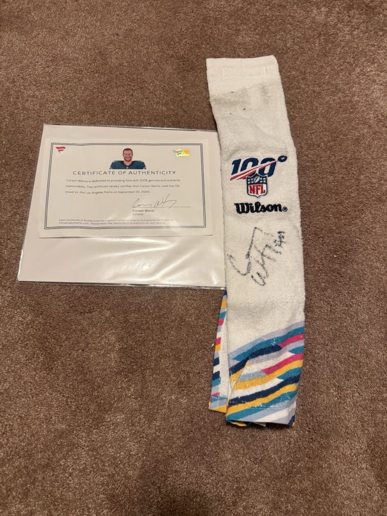 Carson Wentz Game Used Signed QB Towel 9/20/20 vs Rams Fanatics COA