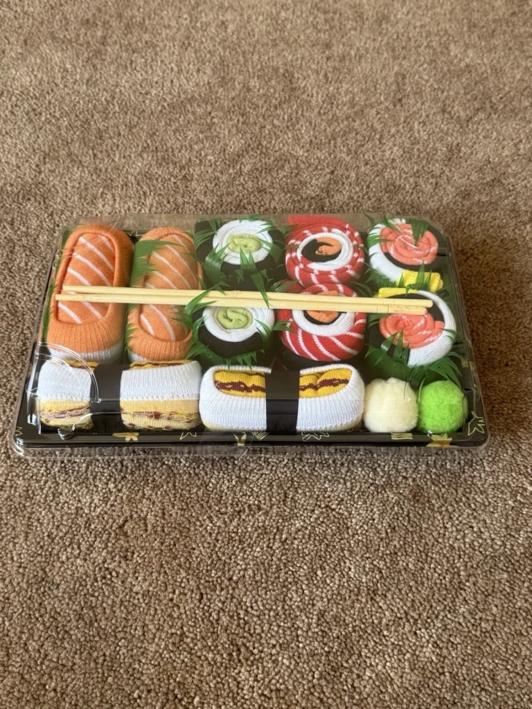 Sushi Socks Gift Set 5 Pairs Novelty Crew Socks w Chopsticks Box