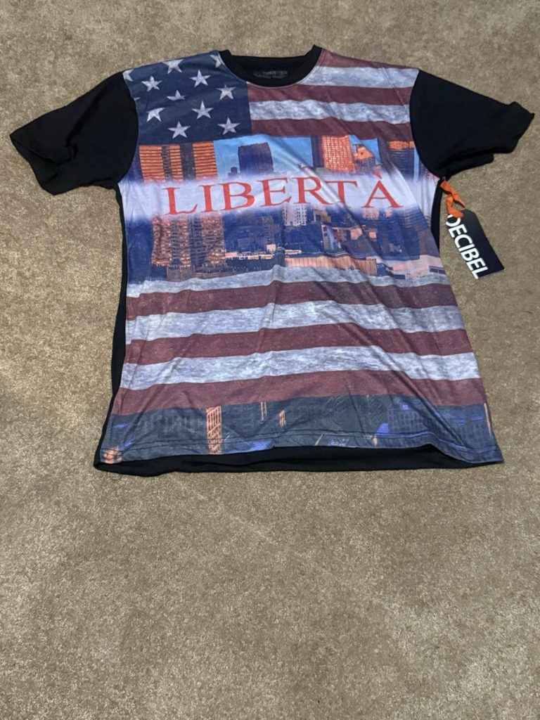 Decibel Mens XXL Graphic T-Shirt Libertà American Flag City Print Black Tee