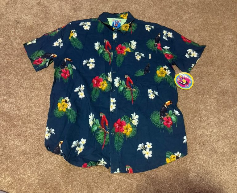 Pardy Time Hawaiian Shirt XL Blue Parrot Toucan Floral Button Up NWT