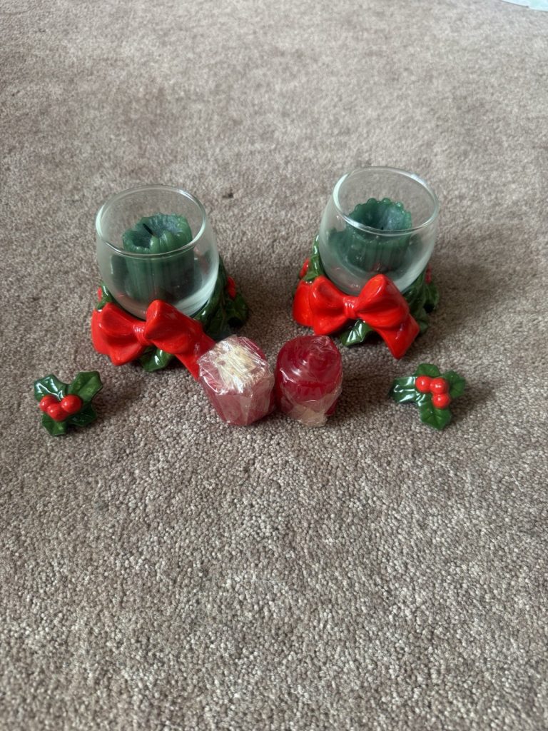 Vintage Lefton Christmas Votive Candle Holders Holly Bow Set Glass Japan
