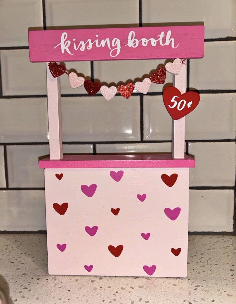 Valentine Kissing Booth Decor Wood Stand Pink Hearts Tiered Tray Display