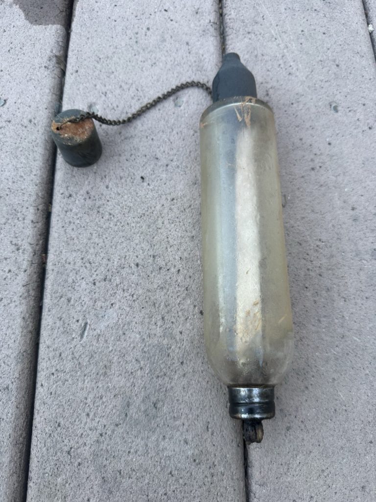 Vintage Glass Oil Torch Bottle w/ Wick & Chain Cap Rustic Industrial Lamp