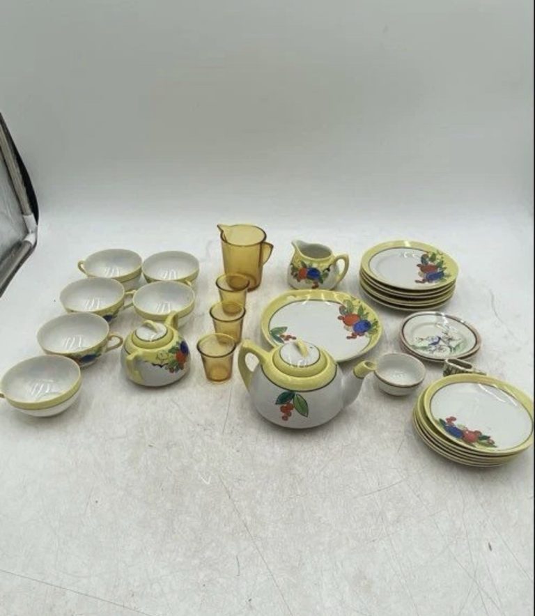 Vintage Ceramic Tea Set Yellow Floral Teapot Cups Plates Mid Century 28pc Set