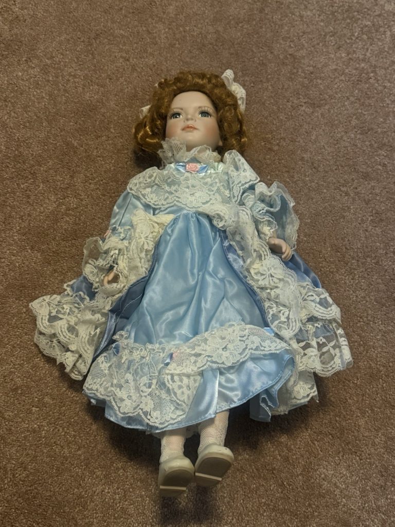 Vintage Porcelain Doll Blue Dress Lace Trim Curly Hair Victorian Style