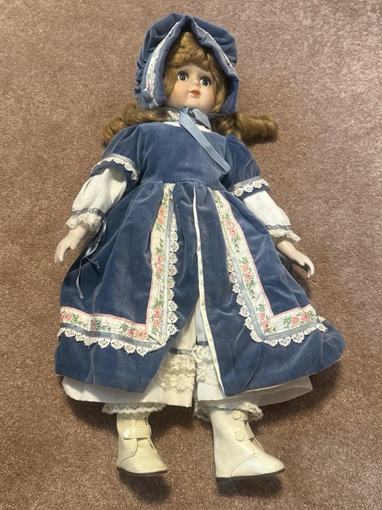 Vintage Porcelain Doll Victorian Style Lace Dress Bonnet Blonde Curls