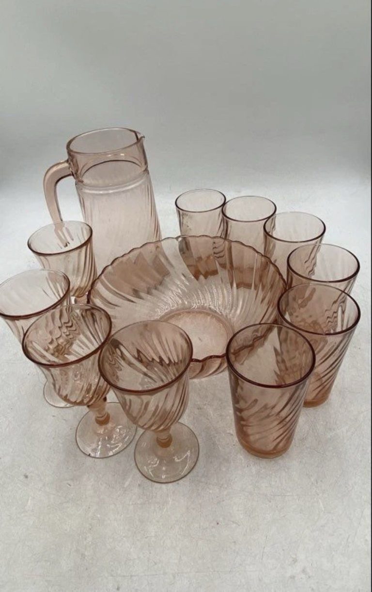 Vintage Arcoroc France Pink Swirl Glassware Set Lot 12 Pitcher Bowl