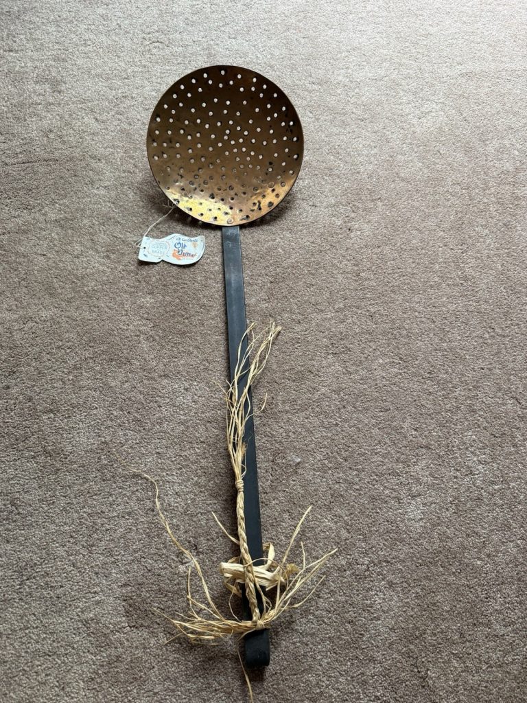 Vintage Old Dutch Hammered Copper Brass Skimmer Strainer Wrought Iron Handle
