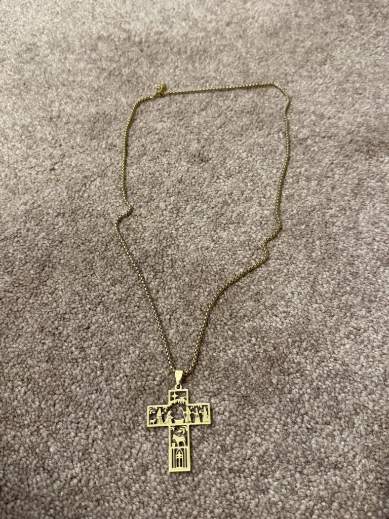 Gold Tone Cross Pendant Necklace Cut-Out Nativity Scene Religious Box Chain