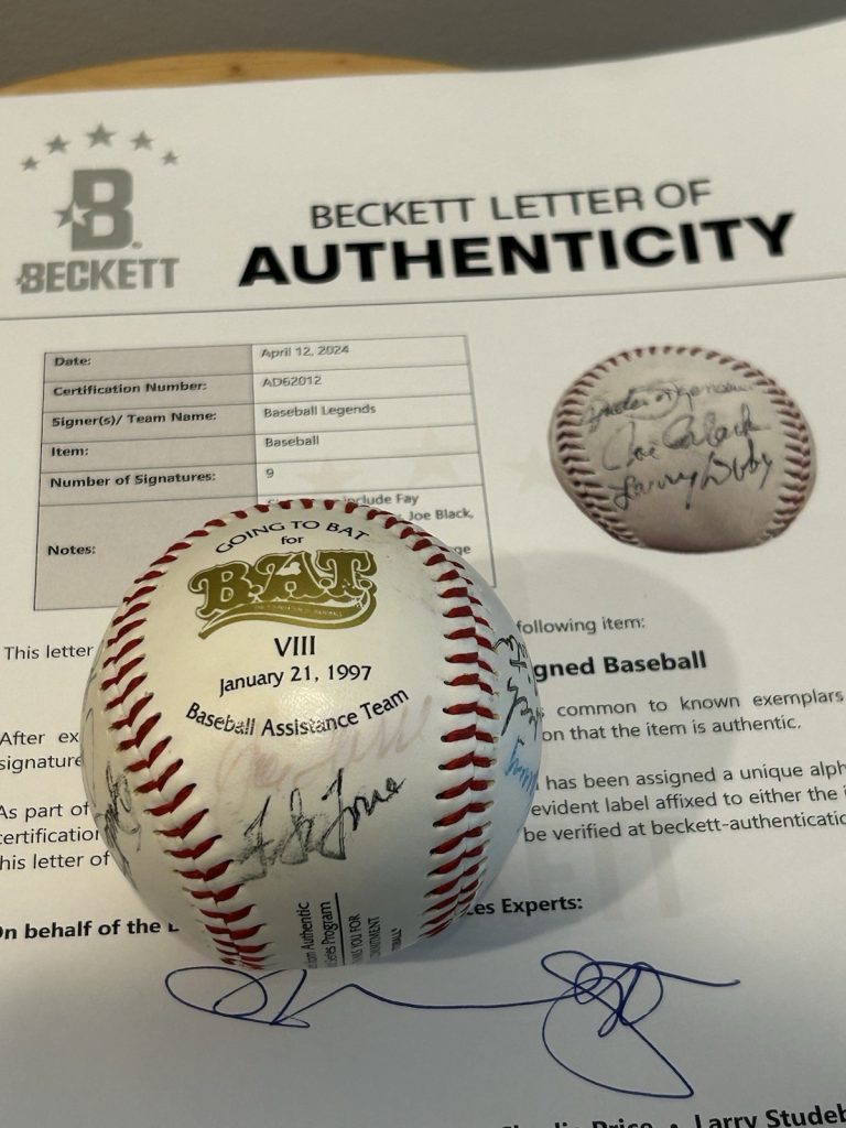 Baseball Legends Signed 1947 WS Baseball 9 Auto Doby Larsen Beckett LOA JSA