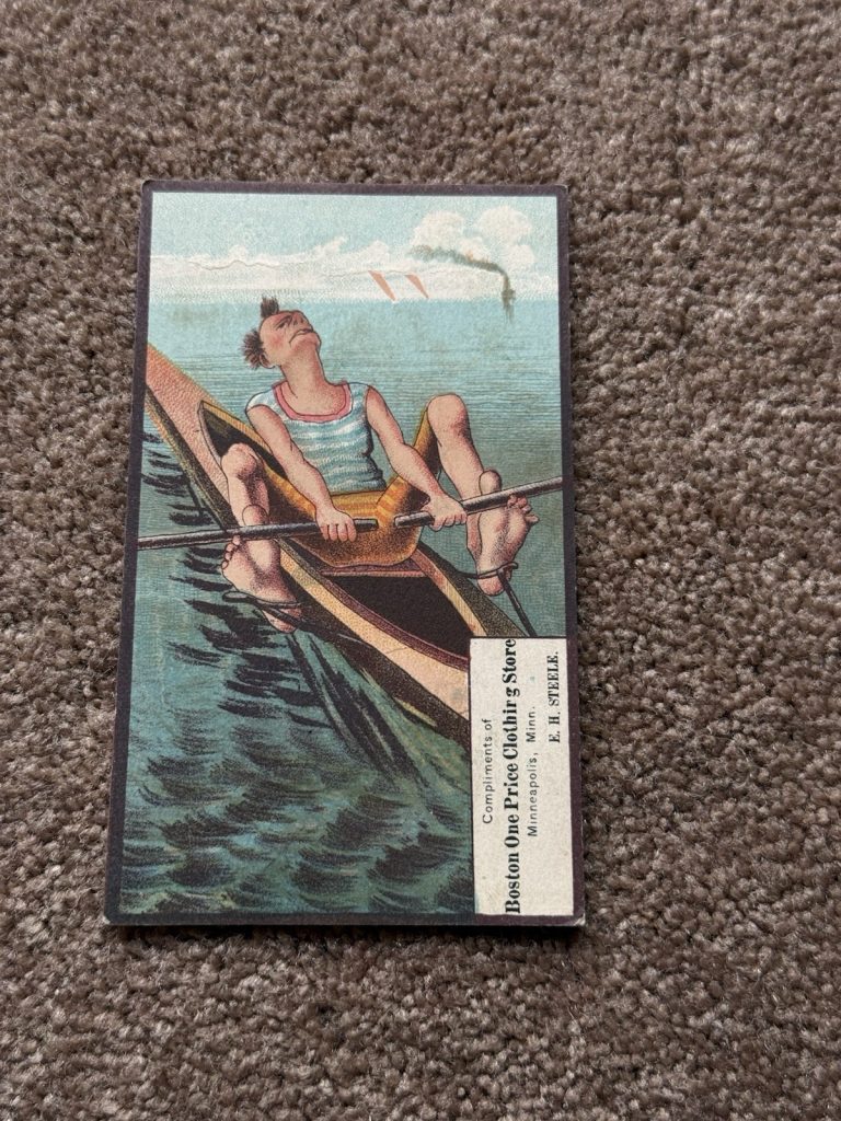 1901 Victorian Trade Card Comic Rower Single Scull Boston Clothing Minneapolis