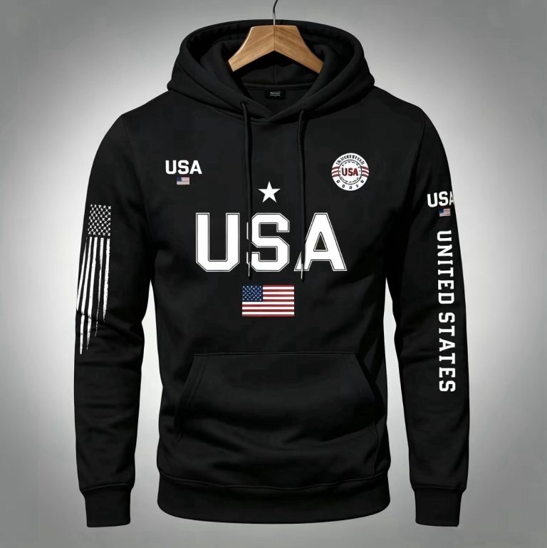 USA United States Patriotic Hoodie American Flag Black Pullover Sweatshirt 2XL