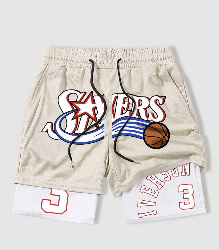 Sixers Iverson 3 Mens 2-in-1 Compression Shorts Large Cream Gym Basketball New