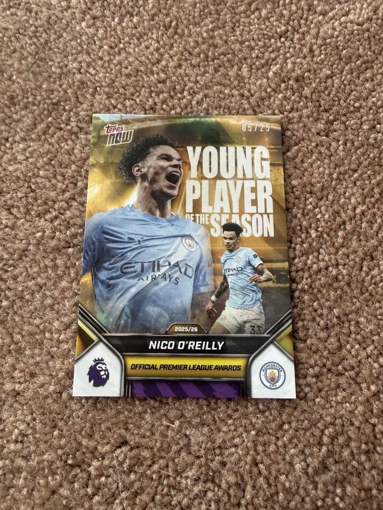 Nico O'Reilly 2025-26 Topps NOW #209 Premier League Young Player Gold 05/25