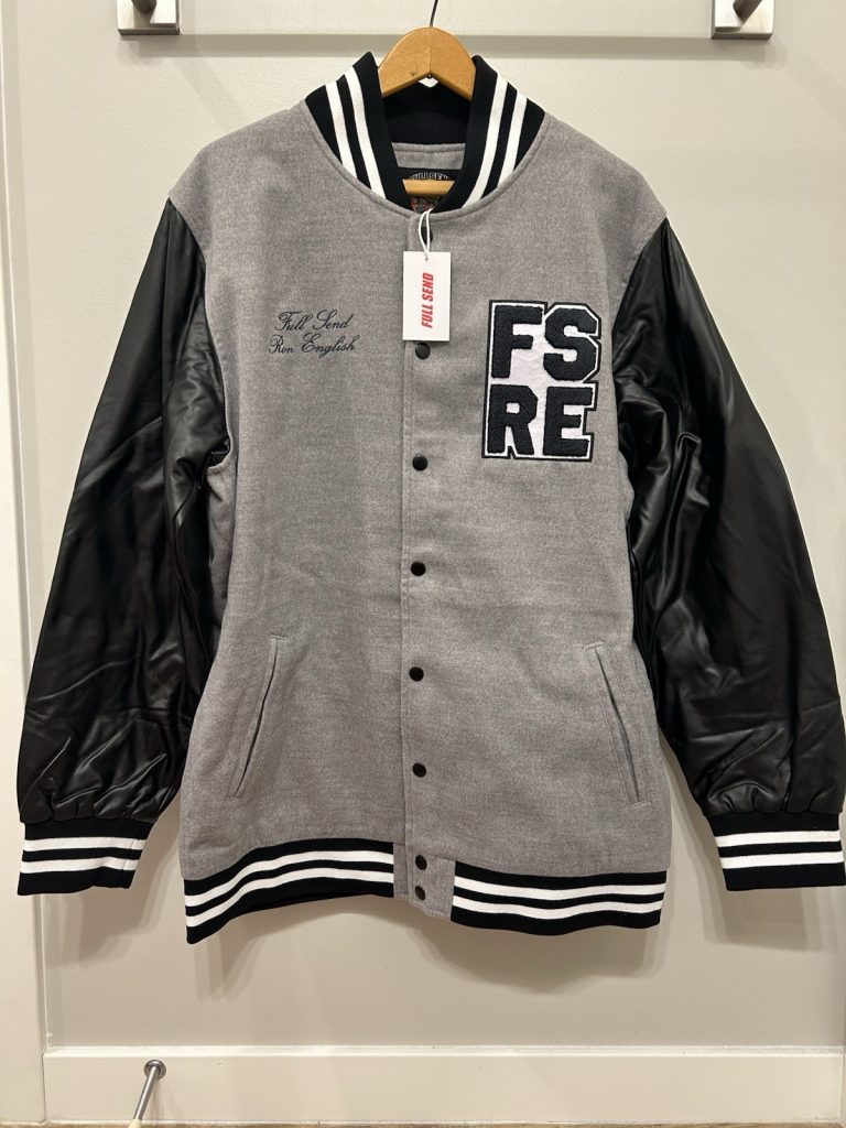 Full Send x Ron English XL Varsity Letterman Patches Bomber Jacket Grey Black