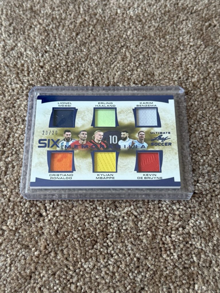 2023 Leaf Ultimate Soccer Six Memorabilia USM-6 Messi Ronaldo Haaland /20