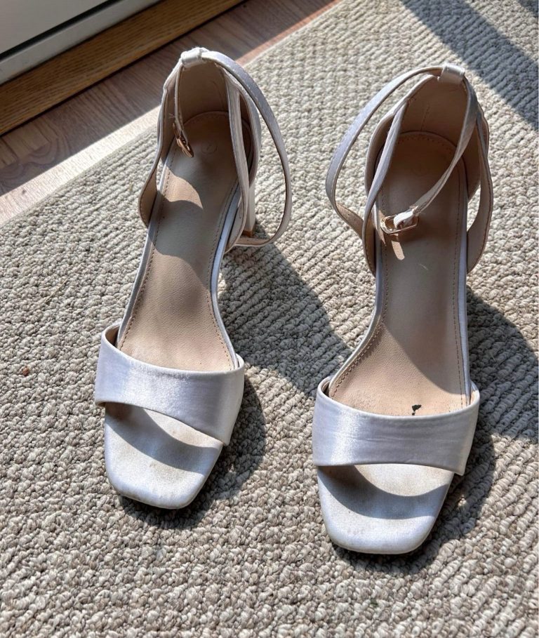 White Satin Ankle Strap Block Heel Sandals Womens Size 7 Bridal Wedding Heels