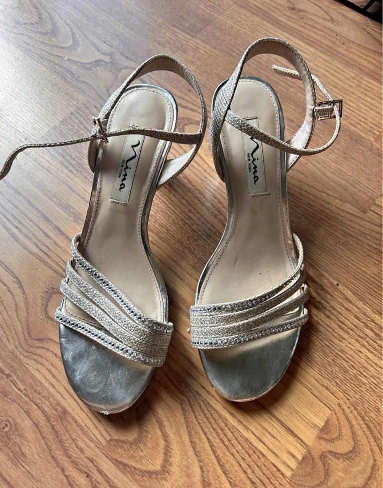 Nina New York Gold Rhinestone Strappy Mid Block Heel Sandals Women's Size 7M