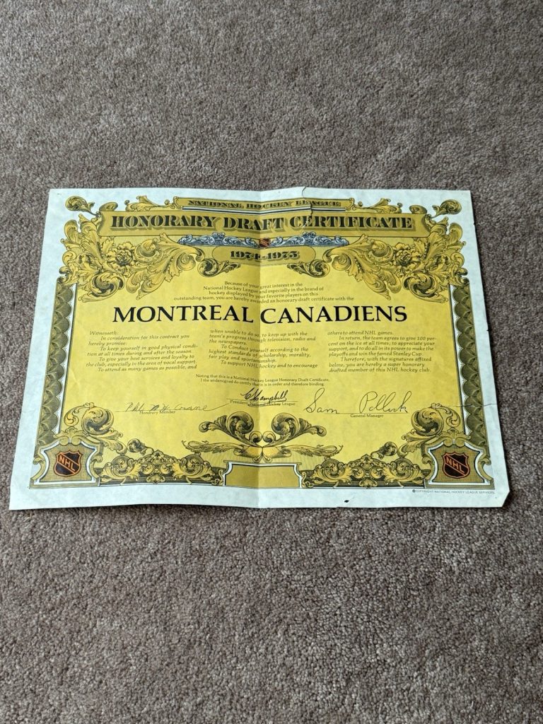 1974-75 NHL Honorary Draft Certificate Montreal Canadiens Vintage Campbell