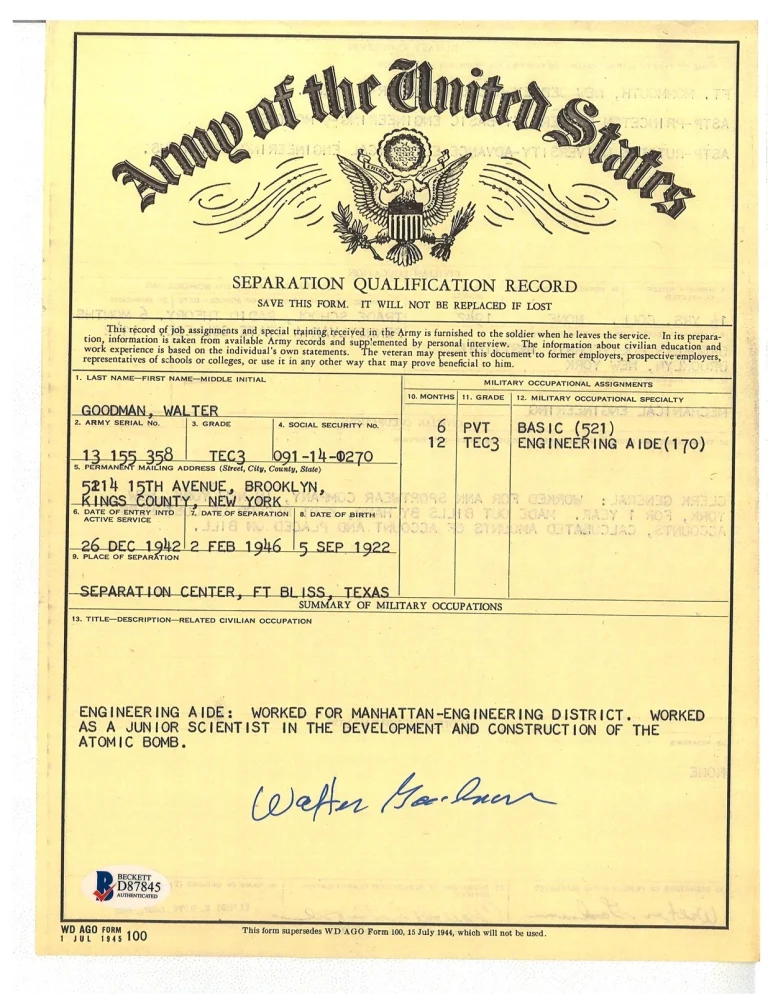 Walter Goodman Signed Manhattan Project Atomic Bomb WWII Document BAS COA D87845