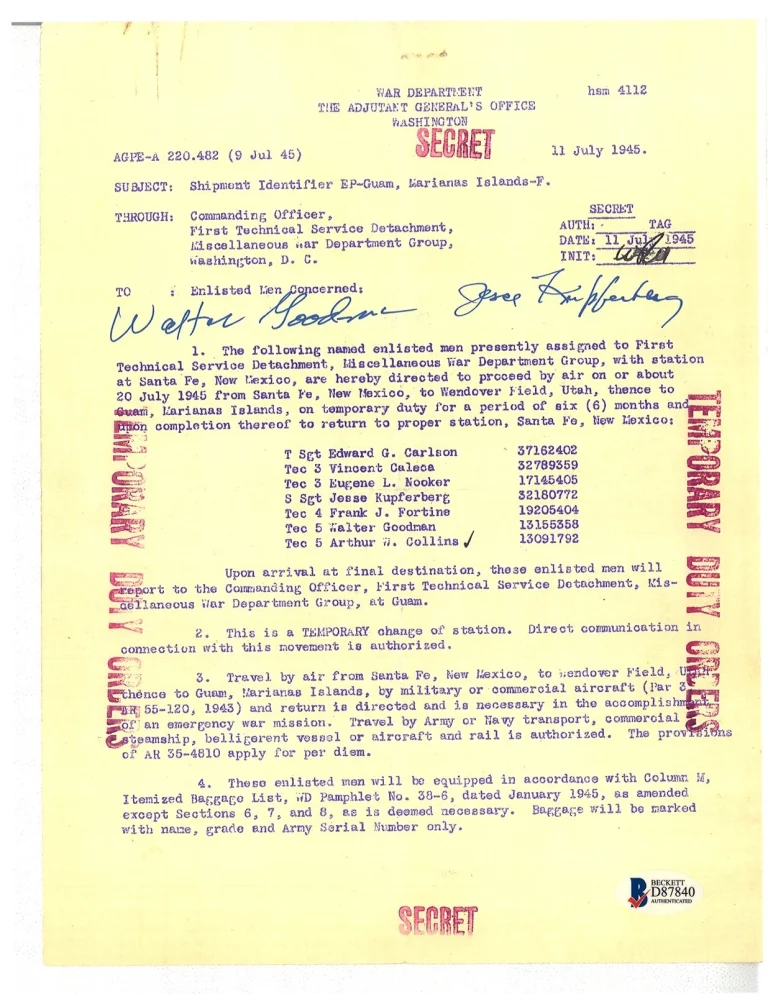 Walter Goodman Jesse Kupferberg Signed WWII Secret Orders BAS D87840