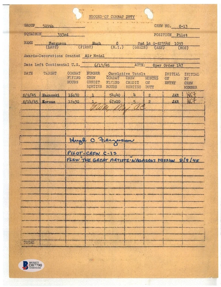 Hugh Ferguson Signed Great Artiste Nagasaki Mission 509th Pilot BAS D87790