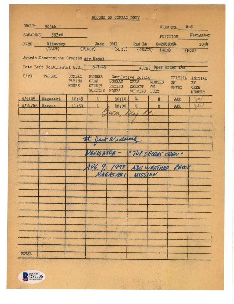 Jack Widowsky Signed 509th Nagasaki Weather Recon Navigator BAS D87706