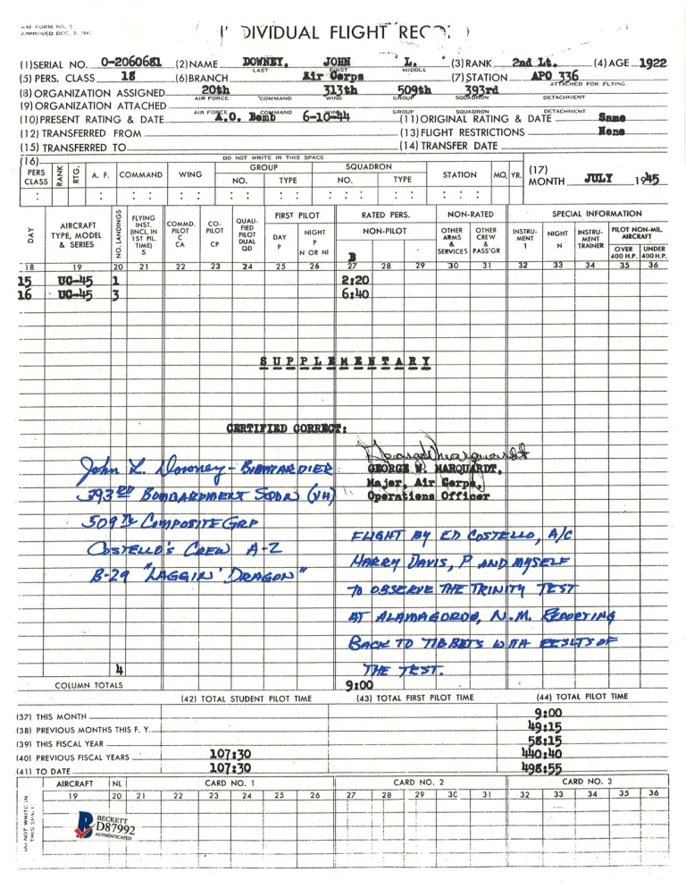 John Downey Signed 509th Trinity Test Flight Record Laggin Dragon BAS D87992