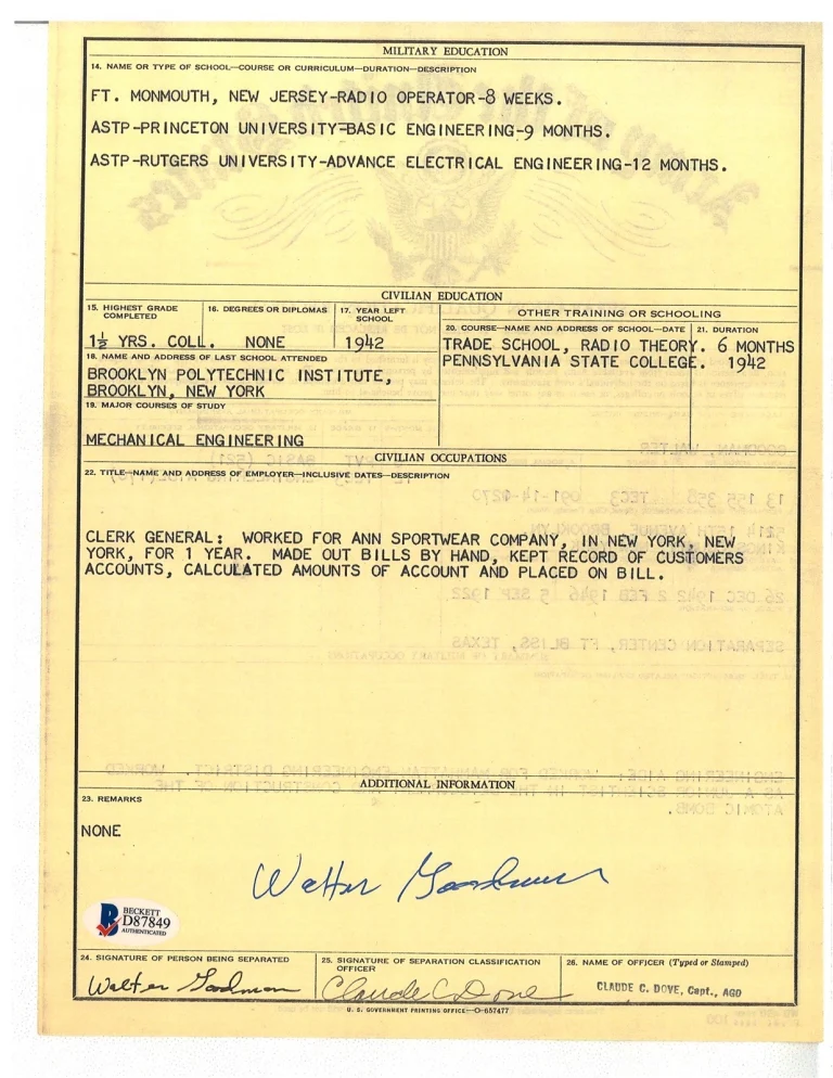 Walter Goodman Signed Manhattan Project Military Education Record BAS D87849