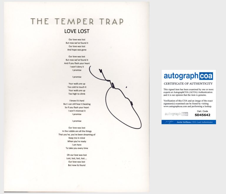 DOUGY MANDAGI SIGNED TEMPER TRAP LOVE LOST LYRIC SHEET w/PROOF & AUTOGRAPH COA