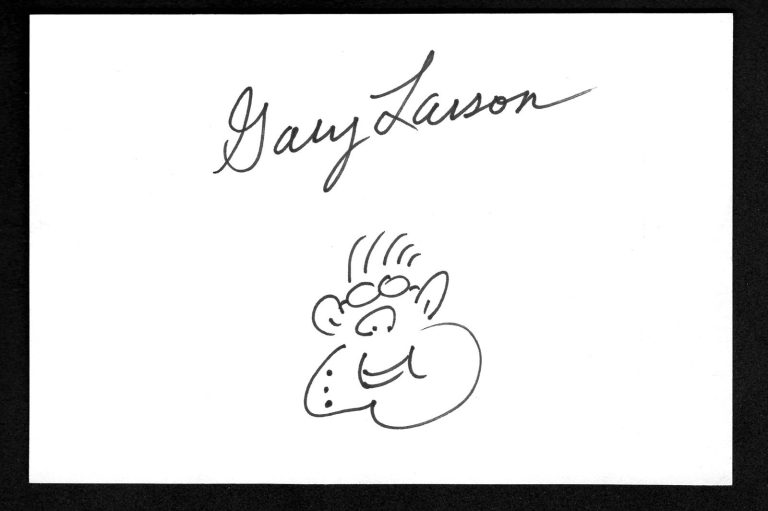 Gary Larson Signed Autographed 4x6 Page w Far Side Sketch Grad Authentication